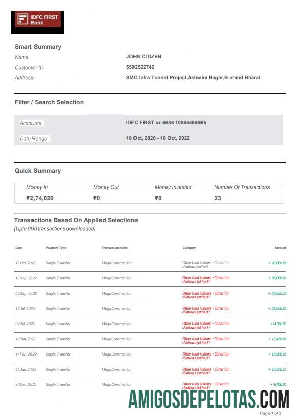 Modelo realista de extrato bancário IDFC da Índia, formato Word e PDF, 3 páginas, versão 2